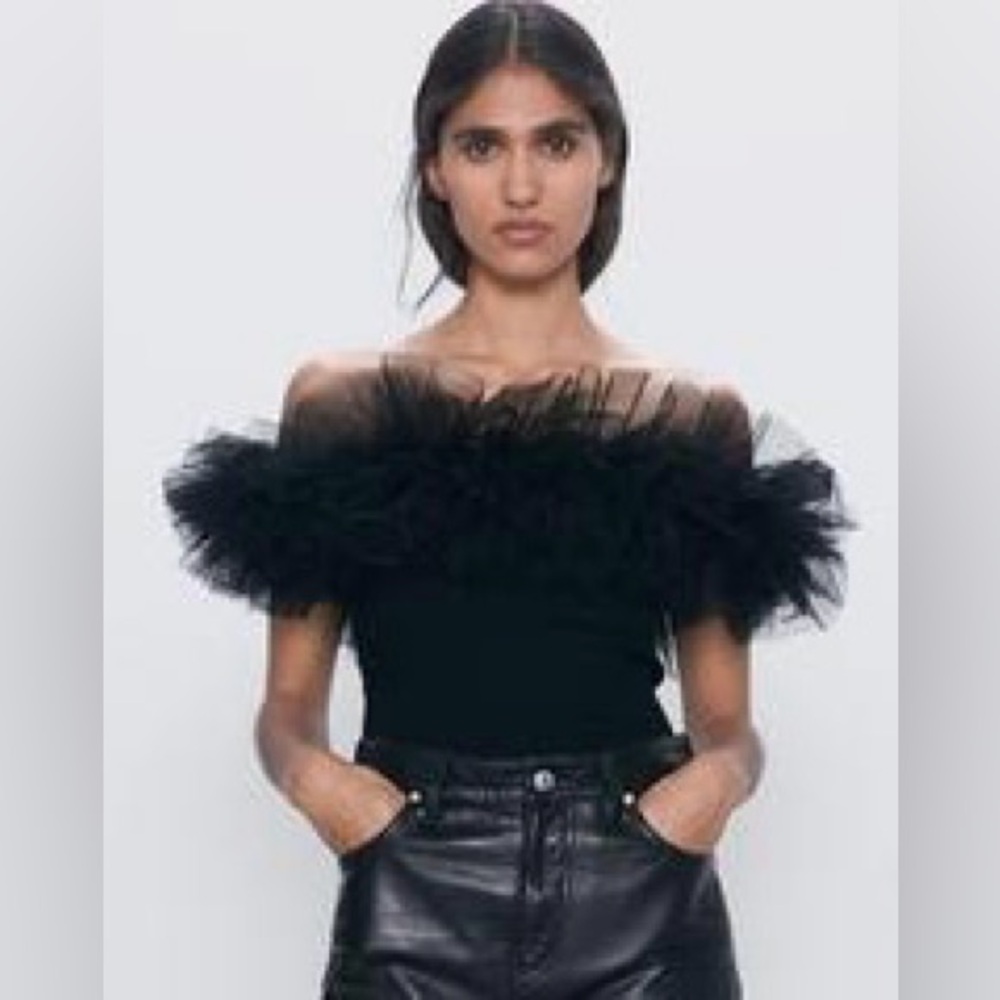 Zara Black Ruffled Tulle Bodysuit